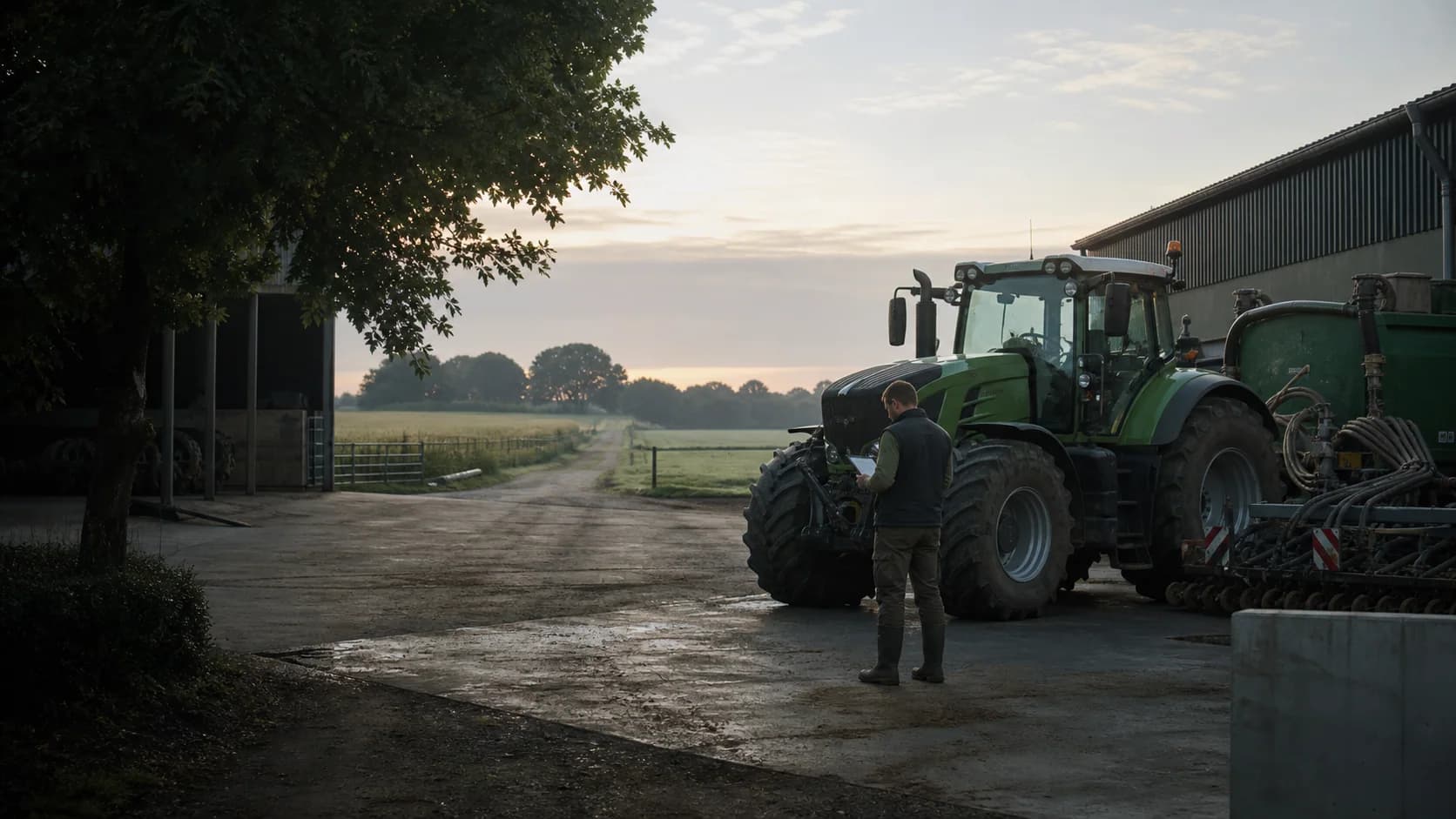 Landwirt mit moderner Maschine auf einem Hof